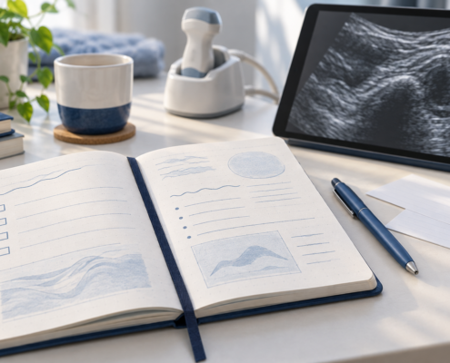 Ilustración de un cuaderno de aprendizaje con casillas, un bolígrafo y una tableta con imagen ecográfica conceptual.
